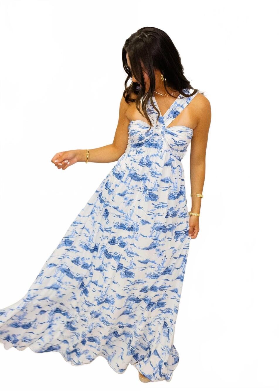 NEW FATE scenic halter maxi dress in white and blue
